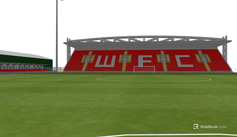 Football Stadium With Red Stands WFC Letters Green Pitch And Floodlight 3d model 