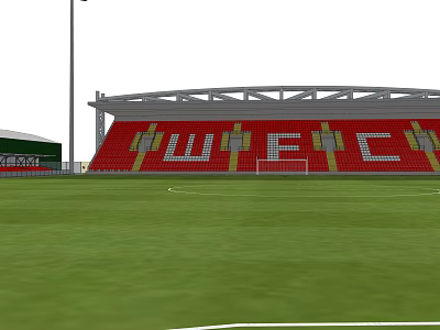 Football Stadium With Red Stands WFC Letters Green Pitch And Floodlight 3d model