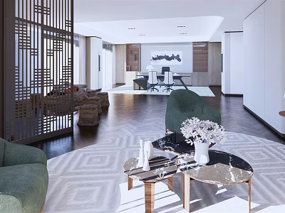 Arbor Centered Modern Interior With Green Sofa Black Coffee Table And Wooden Screen 3d model