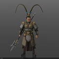 Man in Detailed Ancient Warrior Armor with Horned Headdress Holding Spear