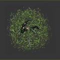 Green Clad Warrior Crouching With Axe And Bow Among Small Creatures On Grass Field