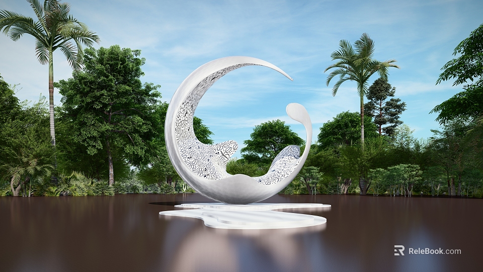 White Crescent Sculpture With Intricate Carvings Surrounded By Trees And Palm Trees Under Blue Sky 3d model 