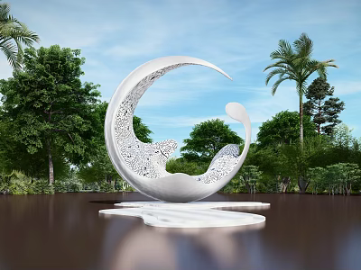 White Crescent Sculpture With Intricate Carvings Surrounded By Trees And Palm Trees Under Blue Sky 3d model