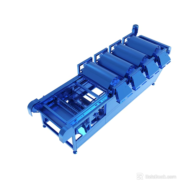 Blue Industrial Conveyor System With Multiple Rollers And Metal Frame 3d model