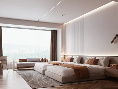 Modern Hotel Guest Room Featuring Twin Beds Large Window Scenic View Sofa And Wooden Floor 3d model