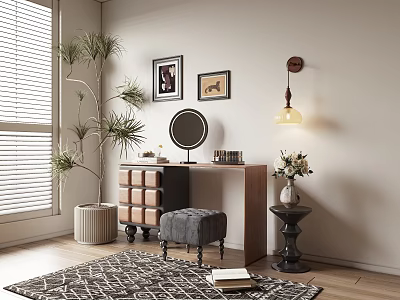 Dressing Table With Round Mirror Grey Stool Framed Pictures Wall Lamp And Potted Plant 3d model