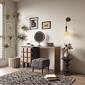Dressing Table With Round Mirror Grey Stool Framed Pictures Wall Lamp And Potted Plant