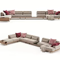 Light Gray Sectional Sofa With Red Pink Throw Pillows And Wooden Frame 3d model