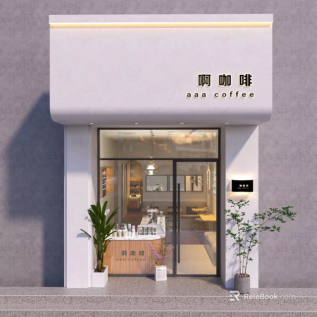 Cozy Modern Coffee Shop Storefront With Glass Door Bar Counter And Green Plants 3d model 