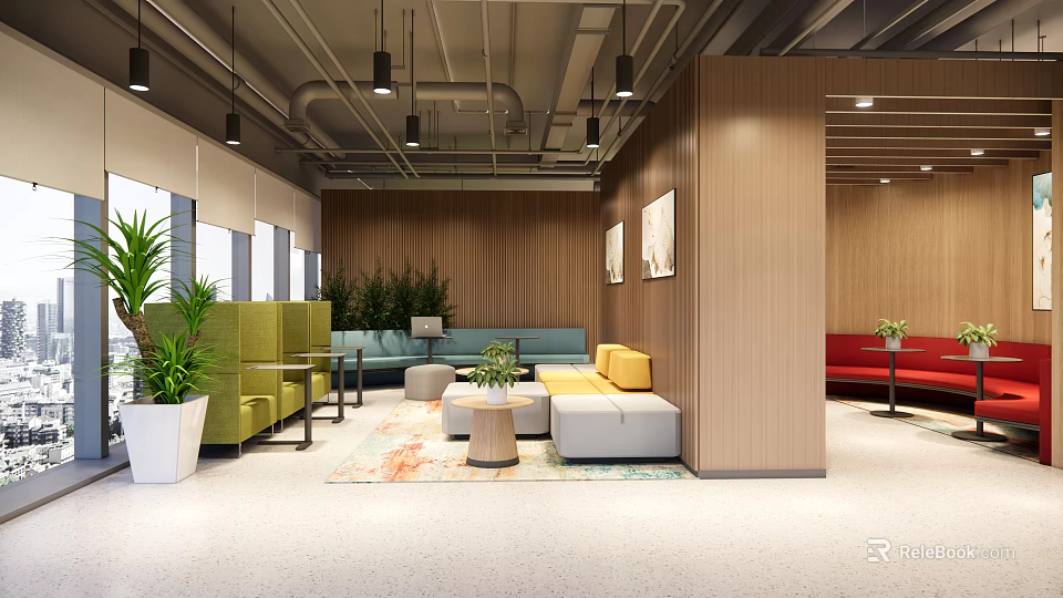 Modern Lounge Area with Colorful Sofas Plants Wall Art Wooden Walls Lighting and Open Space 3d model 