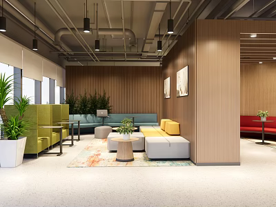 Modern Lounge Area with Colorful Sofas Plants Wall Art Wooden Walls Lighting and Open Space 3d model