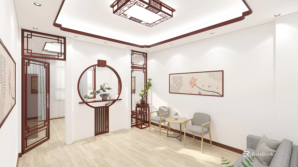 Chinese Style Living Room With Wooden Partition Round Window And Lotus Painting On Wall 3d model 