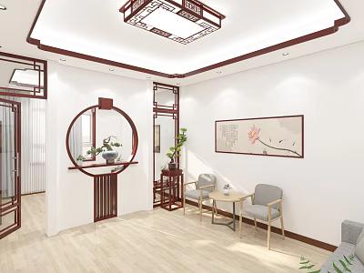Chinese Style Living Room With Wooden Partition Round Window And Lotus Painting On Wall 3d model