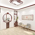 Chinese Style Living Room With Wooden Partition Round Window And Lotus Painting On Wall