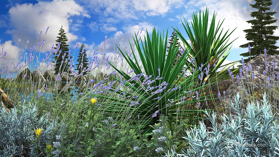 Lush Garden Shrubs Featuring Lavender Blooms And Green Foliage Under Cloudy Sky 3d model 
