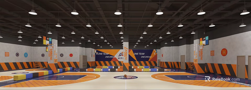 Basketball Gym Interior With Court Lights And Team Banners 3d model 