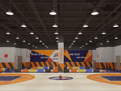 Basketball Gym Interior With Court Lights And Team Banners 3d model