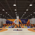 Basketball Gym Interior With Court Lights And Team Banners