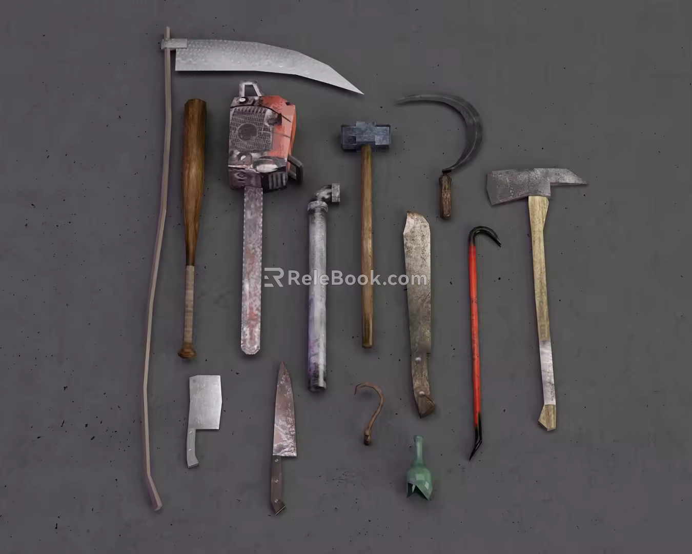 Modern Tools Hardware Hammer Axe Sickle Chainsaw Chopper Knife Glass Bottle Steel Pipe Bars 3d model