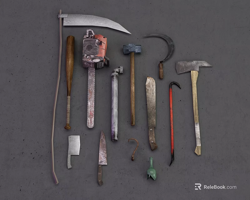 Assorted Hardware Tools Including Sickle Chainsaw Hammer Axe Crowbar And Knives For DIY Projects 3d model 