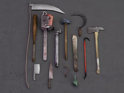 Modern Tools Hardware Hammer Axe Sickle Chainsaw Chopper Knife Glass Bottle Steel Pipe Bars 3d model