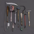 Modern Tools Hardware Hammer Axe Sickle Chainsaw Chopper Knife Glass Bottle Steel Pipe Bars 3d model