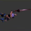 Tall Red Skinned Character With Giant Sword And Blue Robed Figure With Small Yellow Creature