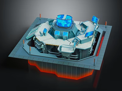 Sci-Fi Command Center Console With Blue Circular Top Multiple Screens And Orange Base 3d model