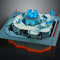 Sci-Fi Command Center Console With Blue Circular Top Multiple Screens And Orange Base