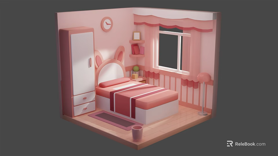 Cartoon Pink Bedroom Scene With Rabbit Ear Wardrobe Bed Window Clock Bookshelf And Rug 3d model 