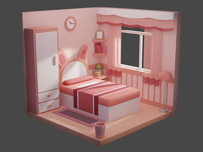 Cartoon Pink Bedroom Scene With Rabbit Ear Wardrobe Bed Window Clock Bookshelf And Rug 3d model