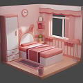 Cartoon Pink Bedroom Scene With Rabbit Ear Wardrobe Bed Window Clock Bookshelf And Rug