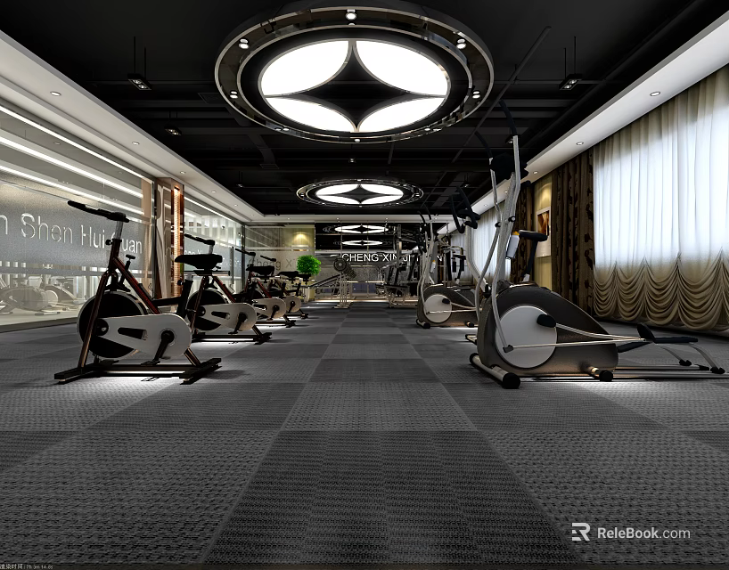 Modern Gym Interior With Exercise Bikes Elliptical Machines And Spacious Workout Area 3d model 