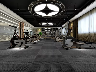 Modern Gym Interior With Exercise Bikes Elliptical Machines And Spacious Workout Area 3d model