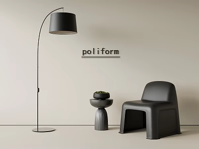 Black Leather Leisure Chair with Small Side Table Potted Plant and Floor Lamp 3d model