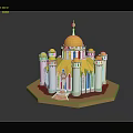 Cartoon Castle Scene With Yellow Dome White Towers Small Domes Arched Windows On Hexagonal Base