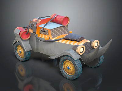 Cartoon Style Off Road Vehicle With Orange Gray Color Red Cylindrical Parts And Rhino Horn 3d model