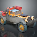 Cartoon Style Off Road Vehicle With Orange Gray Color Red Cylindrical Parts And Rhino Horn