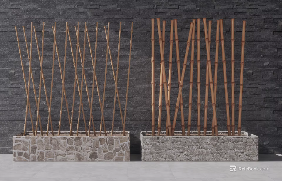 Decorative Bamboo Screens Placed in Stone Planters Against Dark Stone Wall 3d model 