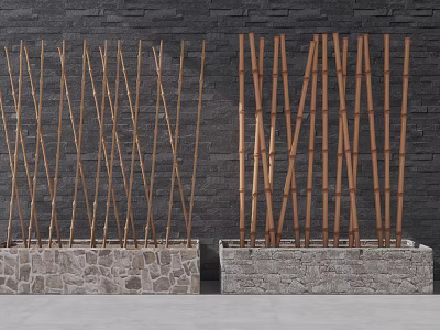 Decorative Bamboo Screens Placed in Stone Planters Against Dark Stone Wall 3d model