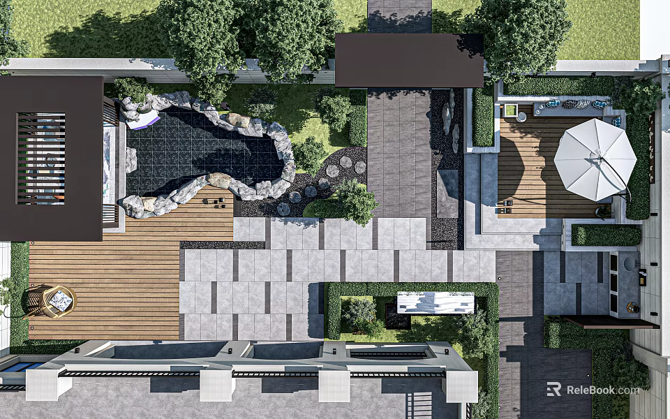 Modern Courtyard Garden Design With Stone Pathway Water Pond Wooden Deck And Lush Green Plants 3d model 