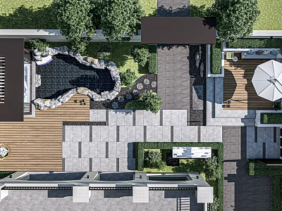 Modern Courtyard Garden Design With Stone Pathway Water Pond Wooden Deck And Lush Green Plants 3d model