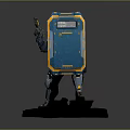 Blue And Yellow Robot With Box Shaped Body Holding Weapon Standing On Black Base