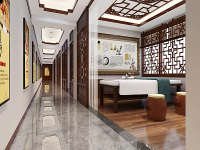 Chinese Traditional Wellness Corridor With Carved Lattice Windows And Massage Bed 3d model