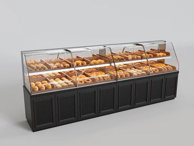 Modern Commercial Curved Glass Bakery Display Shelf Showcasing Various Delicious Fresh Baked Foods 3d model