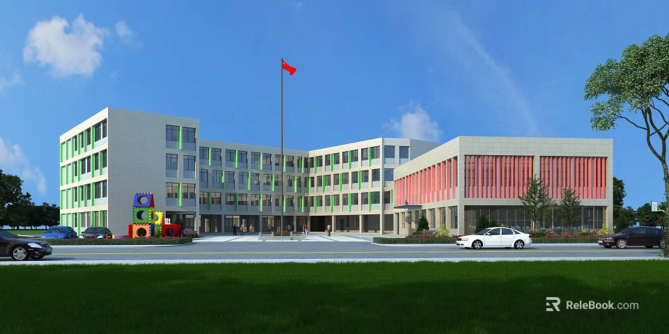 Modern School Building With Green Windows Red Striped Walls Red Flag Lawn And Playground Equipment 3d model 