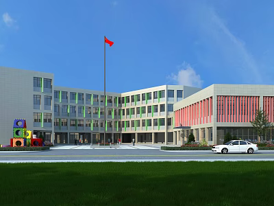 Modern School Building With Green Windows Red Striped Walls Red Flag Lawn And Playground Equipment 3d model