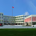 Modern School Building With Green Windows Red Striped Walls Red Flag Lawn And Playground Equipment