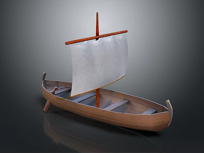 Traditional Wooden Sailboat With Red Mast And White Sail For Water Travel 3d model