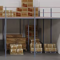 Multi Tiered Storage Shelves with Stacked Boxes in Warehouse Storage Area 3d model